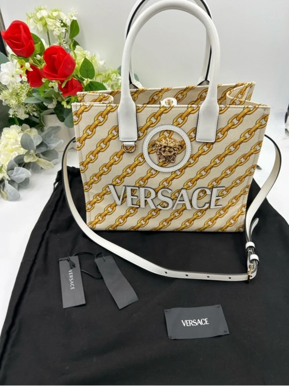 Women’s Versace chain stripe la Medusa tote bag with shoulder strap made Italy